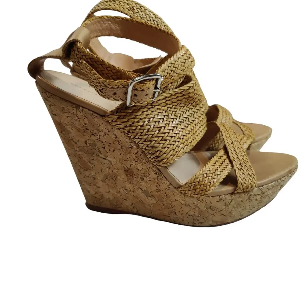 Loeffler Randall Women's Sz 9.5 Lake Strappy Woven Cork High Wedge Sandal Tan